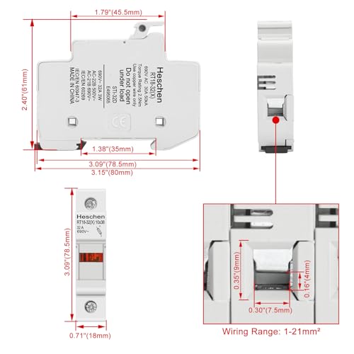 Miniatura 2 de Heschen Base De Portafusibles Cilíndrico Rt18-32 X 32a Ac690v 1p Din Montaje En Riel Para Rt18 Ro15 10 X 38 Mm Fusible Con Certificación Ce