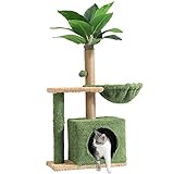 MSmask Cat Tree with Square Condo, Artificial Palm Tree Cat Tower with Sisal Scratching Post, Hammock, Plush Platform, Climbing Nature Cat Tree for Indoor Cats