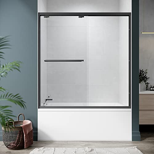 Elegant Sliding Bathtub Shower Doors 60" W X 62" H,Semi-Frameless Bypass Bathtub Door With 1/4" Clear Tempered Glass,60 Inches Double Sliding Tub Door,Satin Black #TOP1