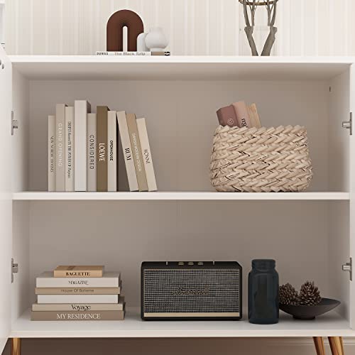 Ecacad Modern Sideboard Buffet Storage Cabinet With Stylish Pattern, 4 Doors & 4 Storage Compartments, Kitchen Cupboard Console Cabinet With Metal Legs For Living Room, Entryway, White #TOP5