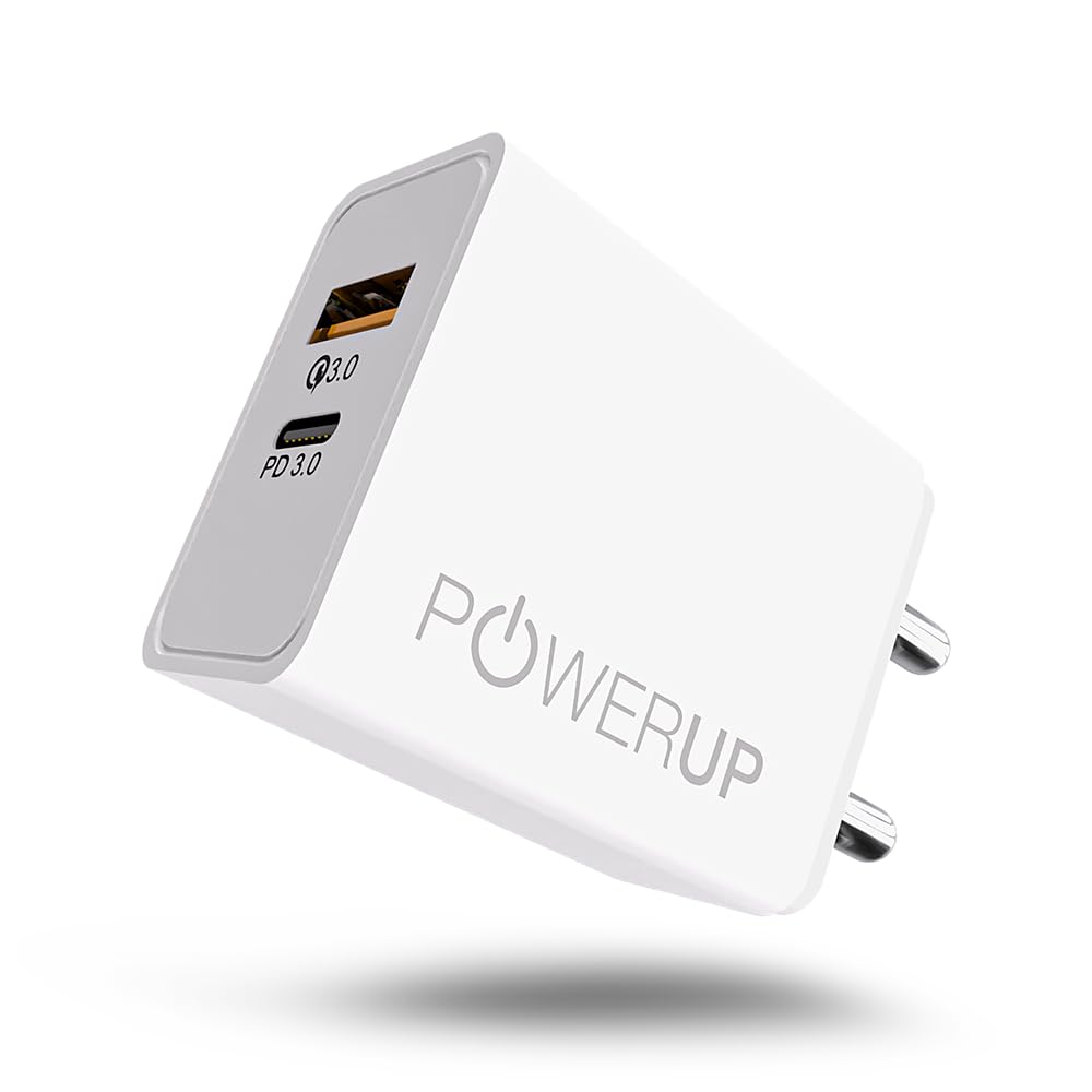 POWERUP Turbo Max Dual Port 20W PD Type-C & USB-A QC 3.0 Fast Charging Wall Charging Adapter for Smartphones/Tablet with BIS Certified in-Built Auto-Detect Technology