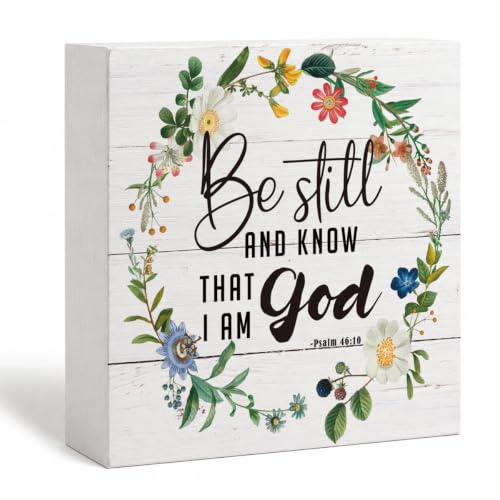 Christian Decor, Box Sign Tabletop Decor, Wooden Christian Sign, Religion Decorations for Living Room Bedroom, Housewarming Decoration, Psalm 46:10 Sign - Be Still and Know That I Am God