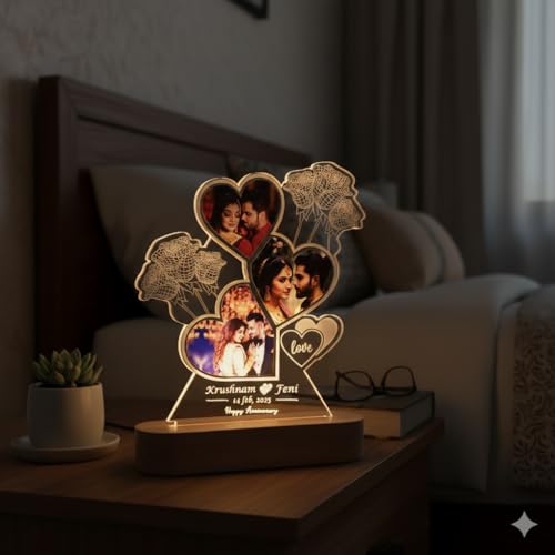 Image of Personalized LED Photo Frame Lamp - Custom Couple Collage Acrylic Night Light with Wooden Base, Romantic Anniversary & Valentine Gift
