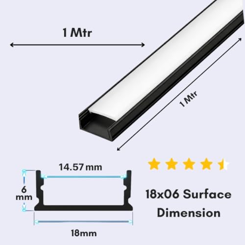 Image of Lighting (18x6mm) LED Strip Light 1Meter Black Aluminium Rectangular Surface Profile Light Channels with Diffused, Black End Caps and Mounting Clips Without LED Straight Linear (3)