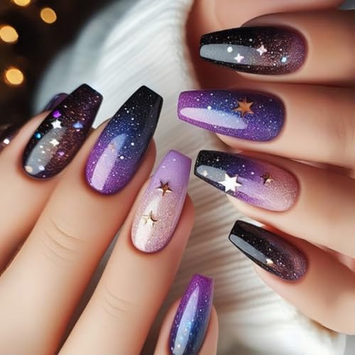 24 Pcs Press on Nails Medium Coffin Night Sky Design Fake Nails Moon Star Nails Press ons French Nail Full Cover Ombre Acrylic False Nail Artificial Glue Stick on Nail for Women