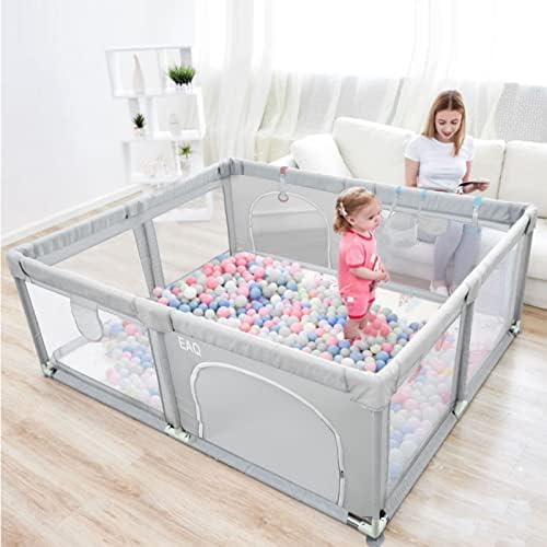 Baby Playpen, Indoor & Outdoor Kids Activity Center with Anti-Slip Base, Sturdy Safety Play Yard with Super Soft Breathable Mesh, Kid’s Fence for Infants Toddlers(GREY) (180*150CM)
