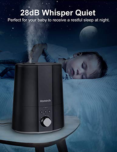 Homech Cool Mist Humidifier, 28dB Quiet Ultrasonic Humidifiers for Bedroom, Warm Light, Timing, Mist Ajustable, Easy to Clean, Auto Shut-Off