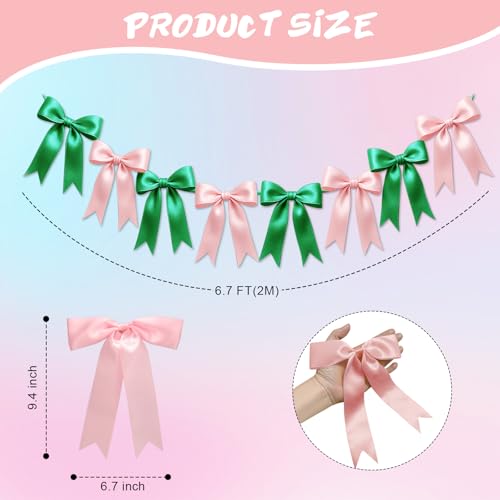 Image of 1 String of 8PCS Pink&Green Bow Garland Banner Wicked Party Decoration,Pre-Strung Satin Ribbon Ornaments for Birthday,Bachelorette Party,Wedding,Engagement,Baby Shower,Graduation Decor,Anniversary