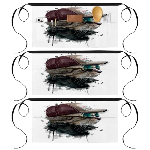 Tablier court de chef motif chat original avec 3 poches de rangement