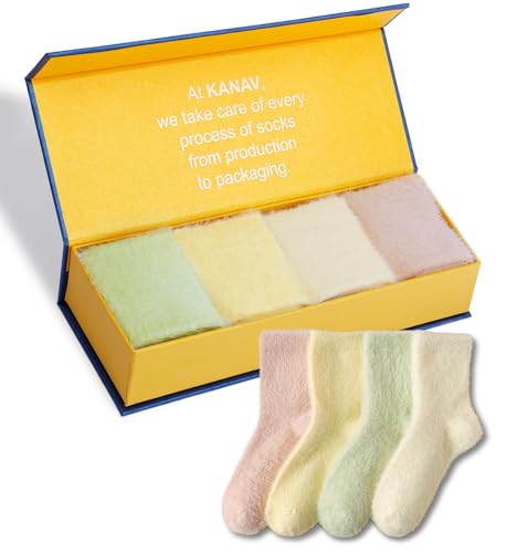 KANAV Comfy Fuzzy Socks for Women - Thermal, Fluffy, Warm Winter Thick Crew Socks in 4 Pairs