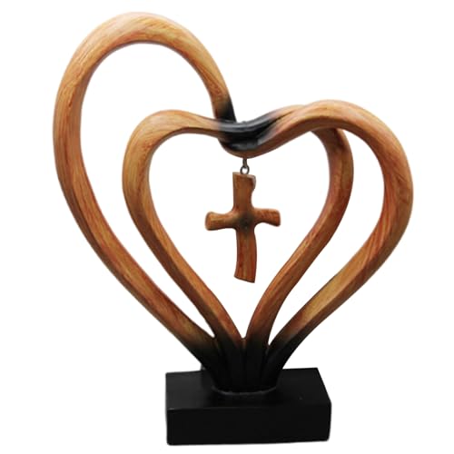 Veesper Christliches Dekor, 21, 6 x 5, 6 x 24, 9 cm, stehende religiöse Geschenke mit 2 verbundenen Herzen, christliche Heimdekoration aus Kunstharz für Hochzeit, Regal, Tischplatte.