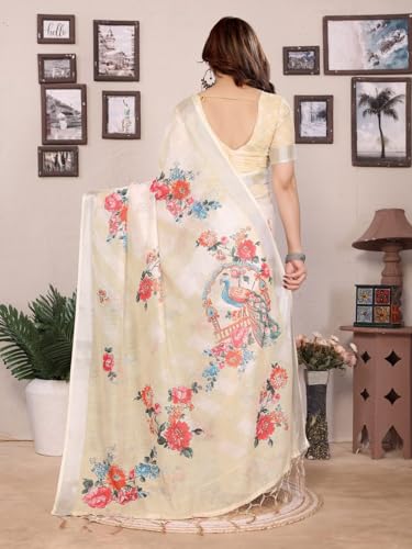 Image of Women's Zari Border Cotton Linen Printed Saree with Blouse