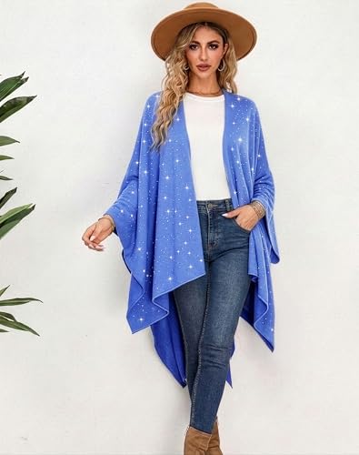 Image of Womens Rhinestones Open Front Poncho Shawl Wrap Cape Ruana Travel Blanket Cardigan