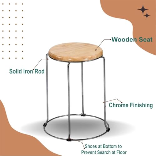 Image of NGFC Steel Stool with Wooden Round Top - Multipurpose Indoor /Outdoor Stool for Home, Kitchen, Office, Cafe, Medical, and Bar Use, Pack of 1
