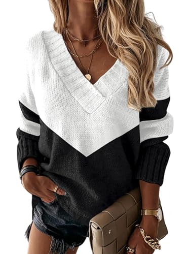 Razzlebelle Pull Femme Chic et Elegant Col V Printemps Chaud Oversize Grosse Maille Manche Longue Leger Décontracté Noir et Blanc Patchwork Sweater Pulls Haut