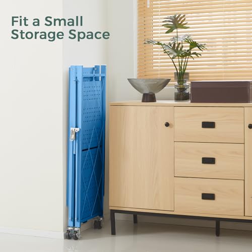 Image of DEANIC 3 Tier Foldable Storage Shelves with Wheels, Kitchen Appliance Stand, Freestanding Metal Wire Shelf Rack, No Assembly Organizer Rolling Cart for Garage, Basement, Pantry(Blue)