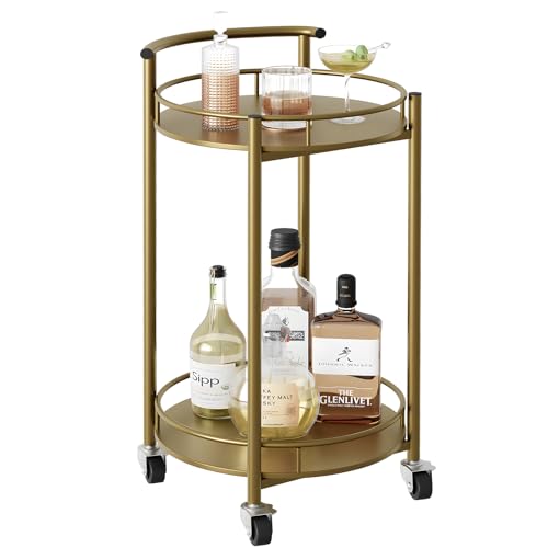 Azheruol Bar Cart Gold Rolling Cart for Home,2 Tiers Bar Serving Cart Round Wine Cart with Handle, Metal Wine Rack and Casters, Serving Bar Trolley for Home Kitchen,Living Room,Christmas,New Year