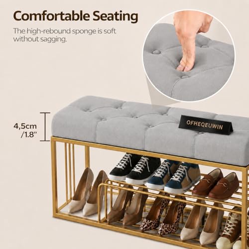 Image of Entryway Shoe Rack with Cushioned Seat, Shoe Bench for Entry, 2 Shelves Storage Bed Bench