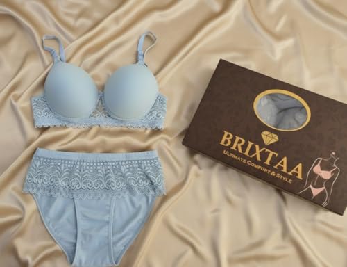 Image of Everyday Comfort Lace Lingerie Set - Padded Plunge Bra with Delicate Lace Wings & Soft Stretch Panty