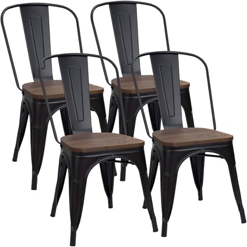 Furmax Metal Dining Chairs with Wood Seat, Indoor-Outdoor Use Stackable Chic Dining Bistro Cafe Side Metal Chairs Set of 4(Black)