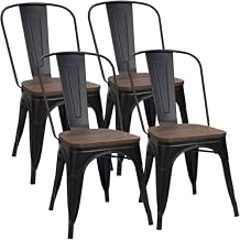 Furmax Metal Dining Chairs with Wood Seat, Indoor-Outdoor Use Stackable Chic Dining Bistro Cafe Side Metal Chairs Set of 4Black