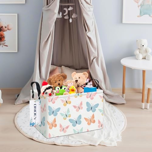 Image of Rectangular Folding Laundry Basket,Waterproof Canvas Basket,Gift Basket,Suitable for Children's Room,Office,Clothes,Toys Storage(Colorful butterfly)