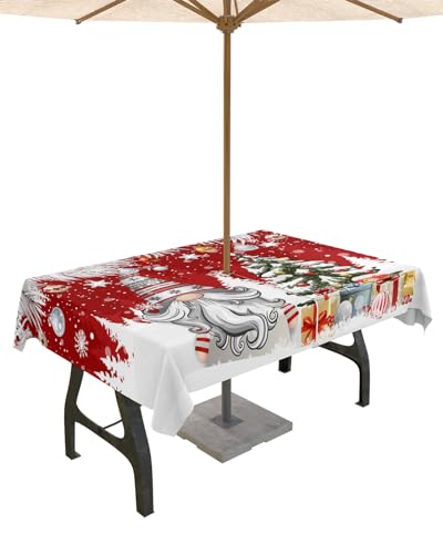 Christmas Outdoor Tablecloths with Umbrella Hole and Zipper, Winter Silver Leaf Xmas Ball Snow Gnomes Waterproof/Stain Resistant Rectangle Table Cloth 52x70 Patio Table Cover for Picnic/Party