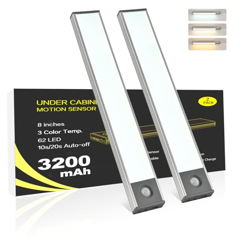 Under Cabinet Lighting, 3200mAh Motion Sensor Light Indoor, Rechargeable Battery Operated LED Closet Lights, Wireless Under Counter Lights for Kitchen Stair (8 Inch, 3 Color Temp, 2 Pack)