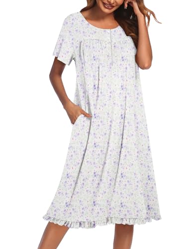 Image of Ekouaer Nightgowns for Women with Pockets Button Front Short Sleeve House Dresses Floral Print Mumu Dress