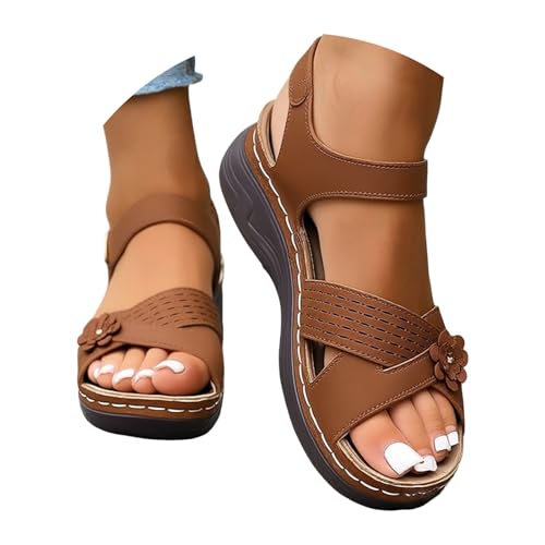 Image of Orthopedic Sandals for Women UK Plantar Fasciitis Comfort Wedge Sandals Open Toe Ankle Strap Sandal Summer Wide Fit Cushion Walking Shoes Ladies Casual Summer Sandal with Arch Support 2-Brown, 6.5