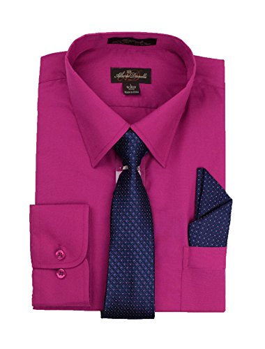 Alberto Danelli Men's Long Sleeve Dress Shirt with Matching Tie and Handkerchief, Medium / 15-15.5 Neck -33/34 Sleeve, Festival Fuchsia