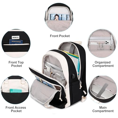 MOMUVO School Backpack Teens,Girls Backpack Womens Laptop Bookbag Cute Schoolbag with USB for Student, 15.6 inch, Beige Black3