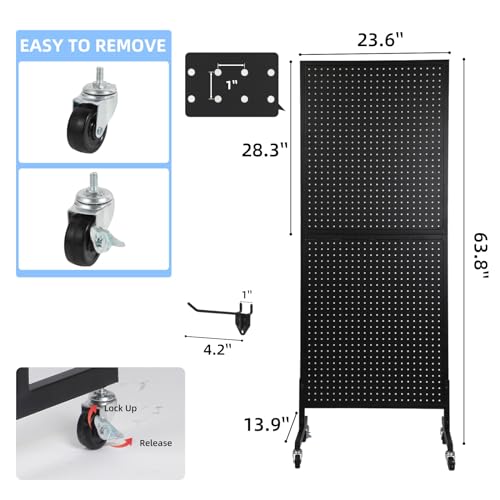 NectaCol 2'x 5' Standing Pegboard Display with T-Base, Pegboard Display Stand with Wheels, Metal Peg Board Display Rack, Art Display Stand, Extra 10 Pieces Hooks - Black