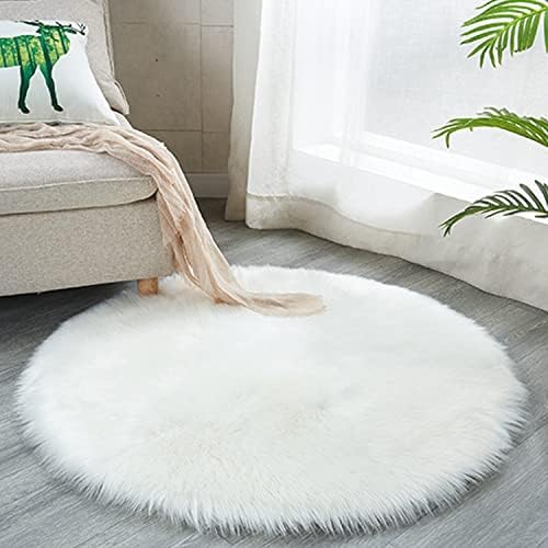 Round Faux Fur Sheepskin Rugs, Soft Shaggy Area Rug Home Decorative Bedroom Fluffy Carpet Rug, Diameter 4 Feet, White