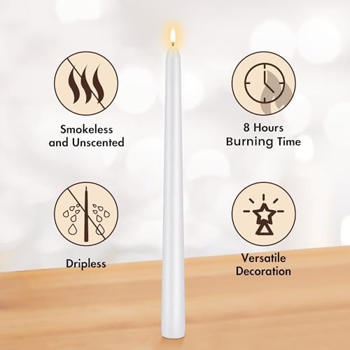 Image of KORCCI Taper Candles 10 Inch - Long Candles, 8 Hours Long Burning, Smokeless & Unscented & Dripless, for Weddings, Birthdays, Dinner Parties, Rituals, Prayer, Birthdays, Meditation (White)
