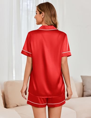 Image of Ekouaer Womens Satin Silk 2 Piece Pajamas Set Short Sleeve Sleepwear | Button Down Top and Shorts Loungewear Set for Sleep, Home, Wedding, Travel, Party, Daily Wear & Great for Sharing