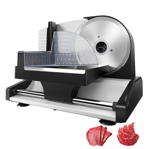 Rebanadora EléCtrica 200W (Ajuste Grosor 0-15mm), Cortadora Carne DoméStica con Cuchilla ExtraíBle Acero Inoxidable 19cm, Patas Antideslizantes para Carne, JamóN, Queso Y Pan