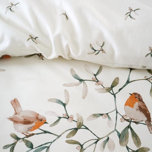 Catherine Lansfield Brushed Mistletoe Robins Cotton Reversible King Duvet Cover Set with Pillowcases Cream - Image 3