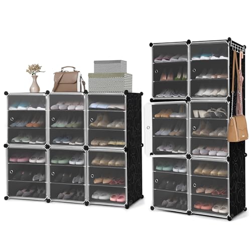 Image of ABOUT SPACE Shoe Rack for Home with Door - 36 Pair DIY Slipper Stand with Hanger, 6 Cube Expandable Shelves Closed Shoes Rack for Home Men, Women Heels Boots Flip-Flops(Black-L 80 x B 30 x H 135 cm)
