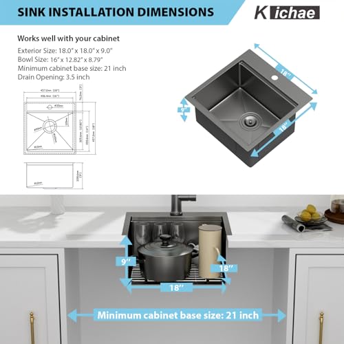 Image of Kichae Black Drop In Bar Sink- 18x18 Small Overmount Topmount Stainless Steel RV Sink Single Bowl Ledge Workstation Bar Prep Handmade Basin