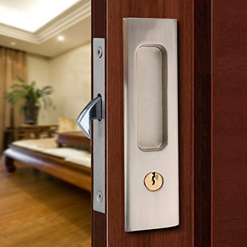 Ccjh Privacy Pocket Door Lock Hardware With Key, Pocket Door Lock Handle Invisible Wooden Barn Door Latch, Interior Privacy Furniture Hardware Brushed Nickel Silver 1 Pack #TOP5