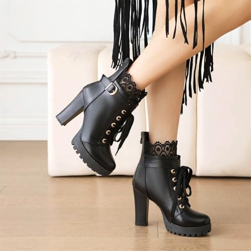Image of FOREADA Goth Boots Chunky Heel Boot For Women Ankle Combat Booties Black Platform Bootie Buckle Rivets Punk Goth Shoes With Zipper