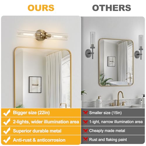 Image of Indoi Brass Wall Sconces, Hardwired Bathroom Sconces Wall Lighting with Clear Glass, Modern Bathroom Vanity Lights fixtures for Mirror Bedroom Living Room Hallway Kitchen