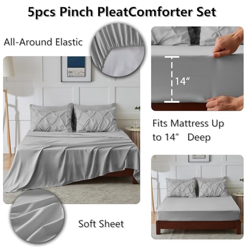 CozyLux Twin XL Comforter Set Light Grey, 5 Pieces Twin Extra Long Pintuck Bed in A Bag for College Dorm, Pinch Pleat Bedding Set with Comforter, Sheets, Pillowcase & Sham