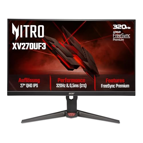 Acer Nitro XV270U F3 Gaming Monitor 27 Zoll (69 cm Bildschirm) WQHD, IPS, 320Hz, bis zu 0.5ms (GtG), DP 1.4, 2xHDMI 2.1, höhenverstellbar, drehbar (Pivot), FreeSync Premium