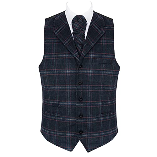 Image of Navy Blue Collared Overcheck Wool Waistcoat #AB-WWE1020/3 Men's L - 40''