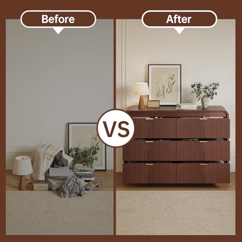 FURSUN Fluted 6 Drawers Dresser for Bedroom, 54" Wide Wooden Dresser with Metal Handle, Curved Profile Design, Modern Storage Organizer for Living Room, Hallway (Walnut)