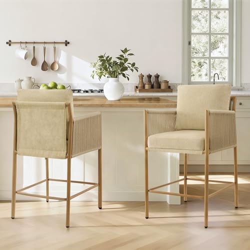 Image of CHITA Boho Rope Counter Height Bar Stools Set of 2, Modern Upholstered Bar Stools with Handwoven Rope Armrests, Metal Frame with Wood-Grain Finish, 26.4 inch Seat Height, Oatmeal