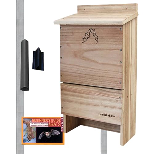 BestNest Triple-Celled Bat House Kit with Pole, 250 Bats, Outdoor Bat Shelter Kit with Telescoping Pole, Ground Socket, and Bat Guide Book, Wooden Three Chamber Backyard Wildlife Habitat House