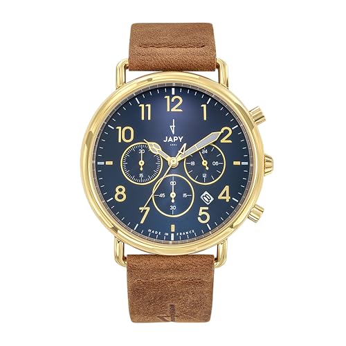 Montre JAPY chronographe acier doré avec cadran bleu et haute précision mécanique